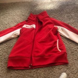 Red and white Columbia sweatshirt
